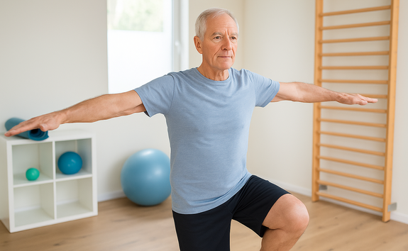 Gleichgewichtstraining Ein Mann macht Gleichgewichtsübungen auf einem Bein.